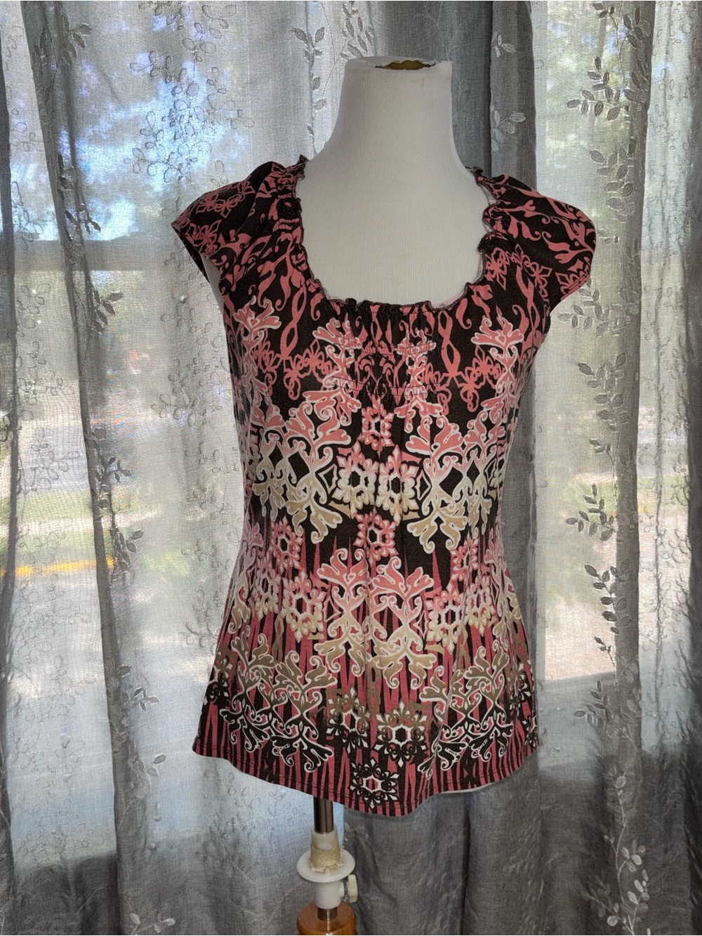 Liz Claiborne Pink and Black Printed Cap-Sleeve Top